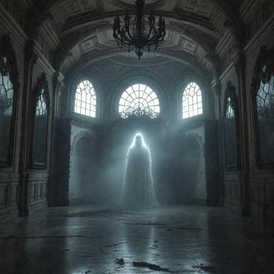The primary subject of the image is a ghostly figure, possibly a woman, standing in a large, dark room with high ceilings. The setting appears to be a church or a similar architectural structure, as indicated by the presence of a chandelier. The visual style of the image is a combination of photo and digital art, creating a dramatic and mysterious atmosphere. The dominant colors in the image are dark and muted tones, with the ghostly figure being the main focus of the scene.